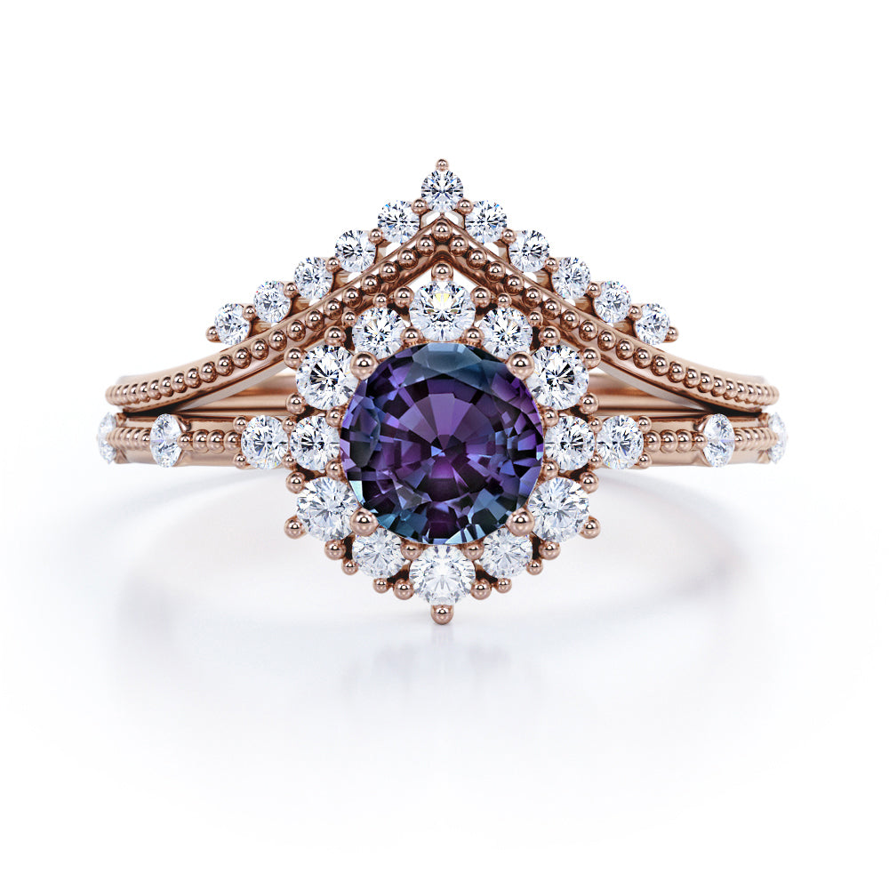 Cluster Chevron 1.5 carat Round cut Lab created Alexandrite and diamond engraved wedding ring set in White gold