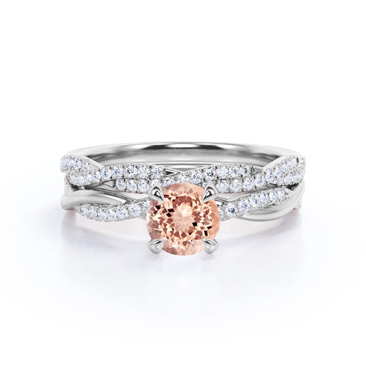 Classic claw prong 1.5 carat Round cut Peach Morganite and diamond Infinity wedding ring set in White gold.
