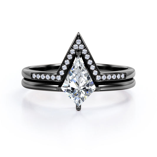 Pointed Crown 1.25 carat Kite shaped Moissanite and diamond Bridal set for women in Black gold