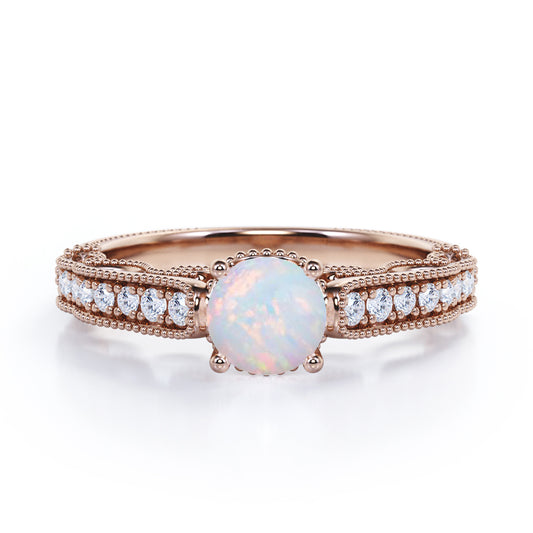 Art deco style 1.15 carat Round cut Australian Opal and diamond beaded engagement ring in Rose gold