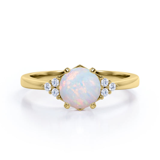 Unique Tapered style 1 carat Round cut Opal and diamond 7 stone engagement ring in Yellow gold