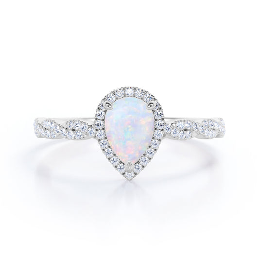Antique infinity 1.5 carat Pear cut Australian Boulder Opal and diamond halo engagement ring in White gold