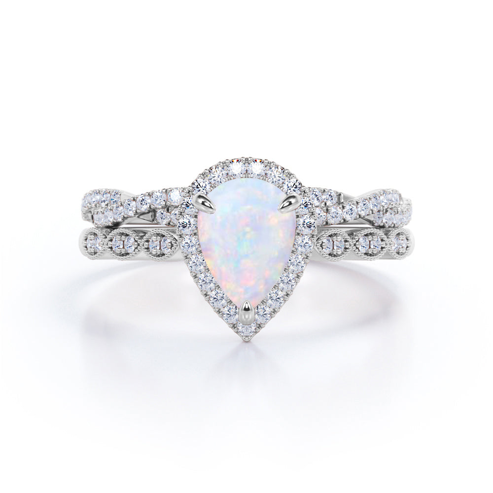 Halo-Infinity Pear cut 1.65 carat Ethiopian Opal and diamond Art deco inspired Wedding Bridal ring set