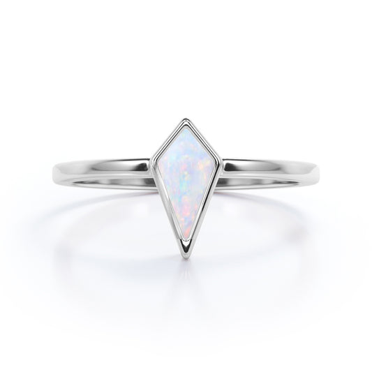 Classic Bezel 1 carat Kite shaped Australian Boulder Opal plain shank engagement ring in White gold