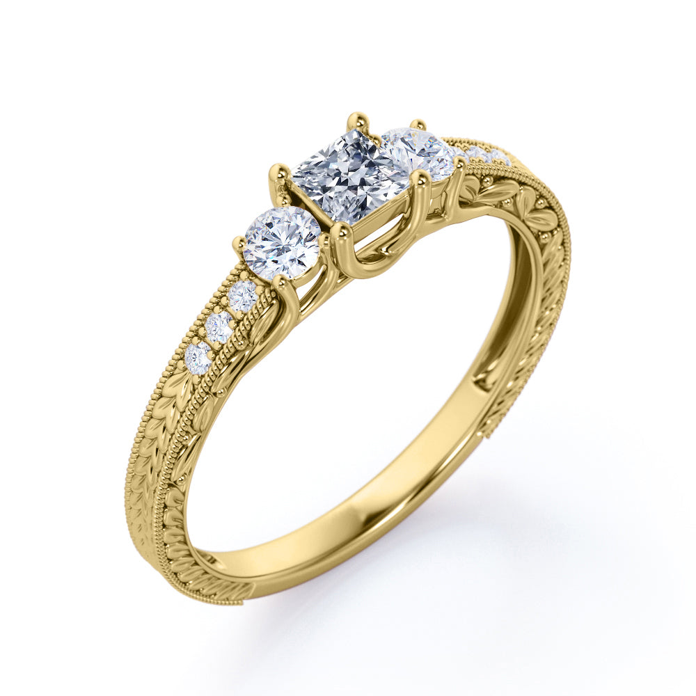 Twisted 4 Prong trio stone 0.58 carat Princess cut cathedral setting diamond Engagement ring in Gold