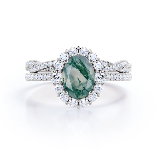 Unique 1.8 carat Oval cut Moss Green Agate and diamond Snowflake Cluster ring for women in White gold - Wedding ring set