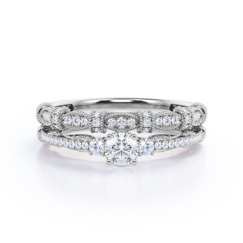 Classic three stone 1 carat Round cut Moissanite and diamond vintage milgrain wedding ring set in Rose gold