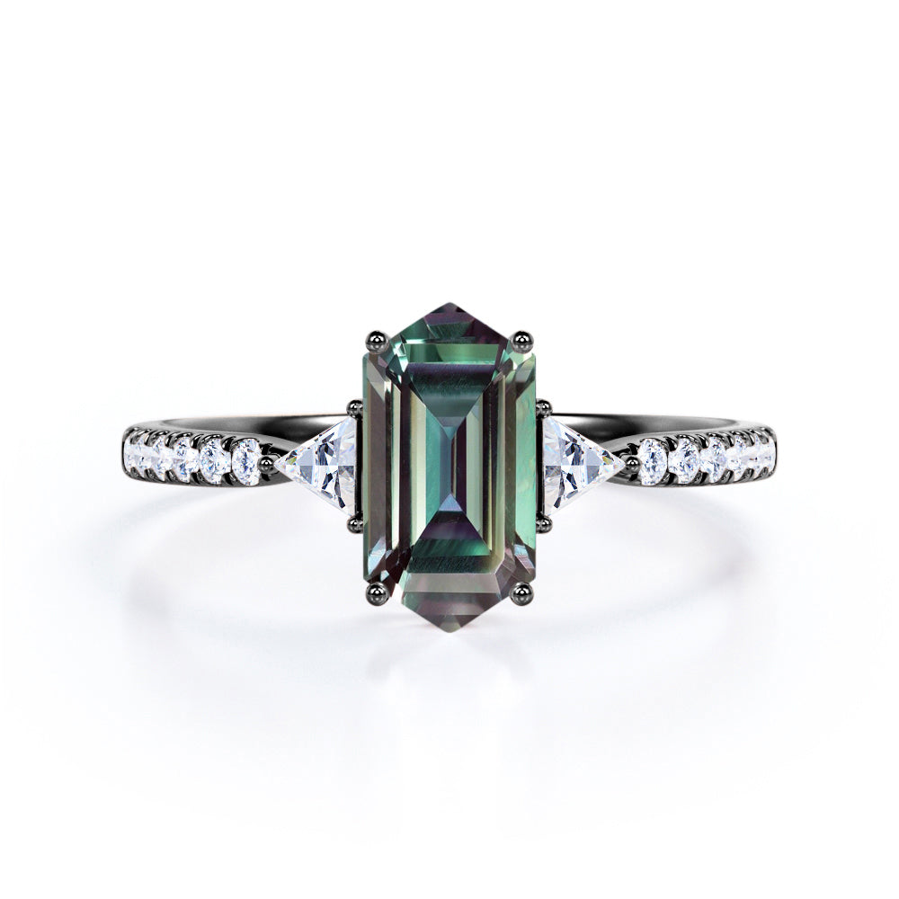 Pave three stone1.25 carat Hexagon shaped Synthetic Alexandrite and diamond trillion engagement ring in White gold