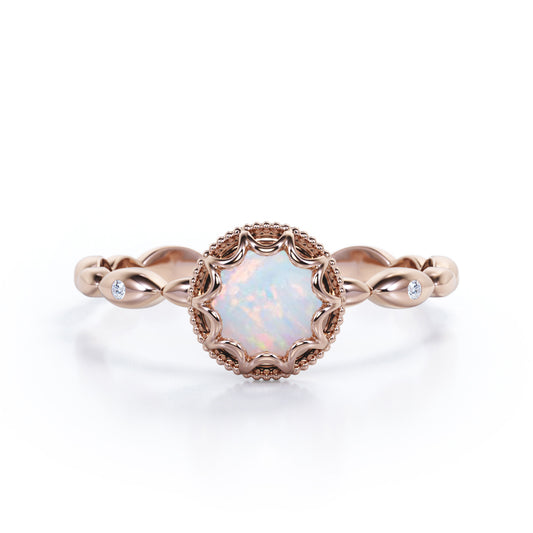 Scalloped halo 1 carat Round cut Ethiopian Opal milgrain edge engagement ring in Rose gold