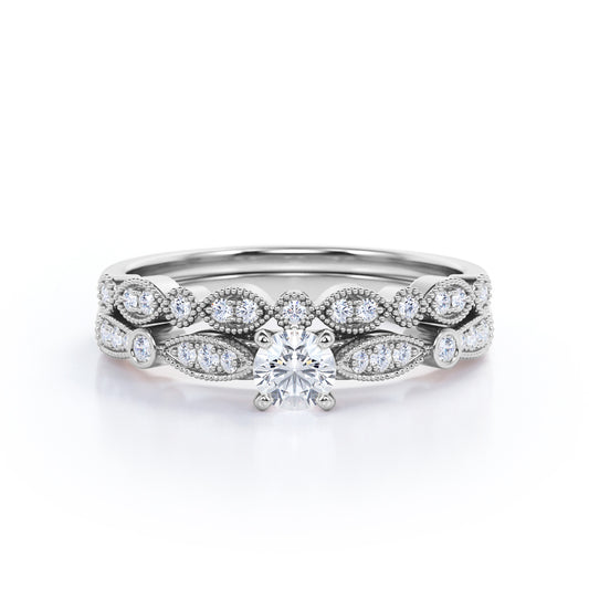 Vintage Inspired 0.5 carat round cut milgrain marquise and dot diamond wedding ring set in white gold