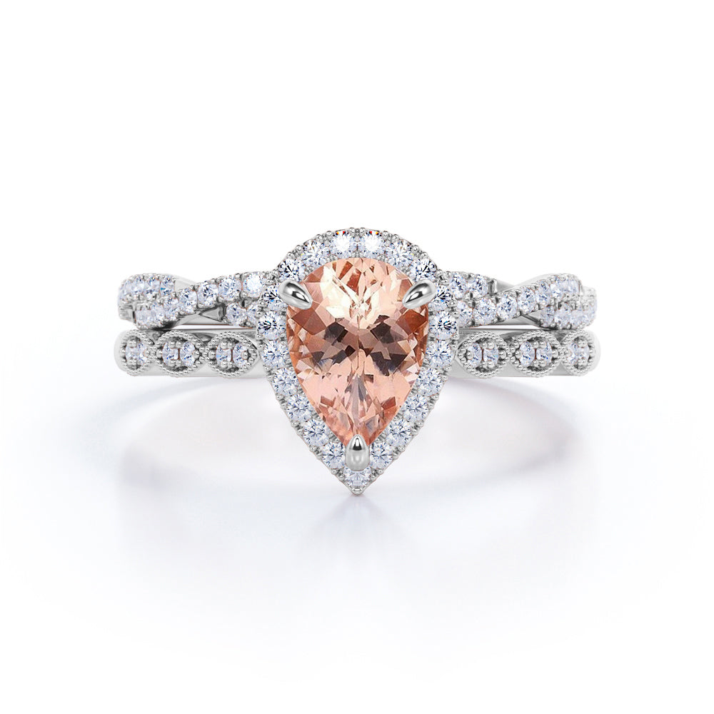 Pear Halo 1.75 carat Tear drop Morganite and diamond Milgrain and infinity wedding ring set for her