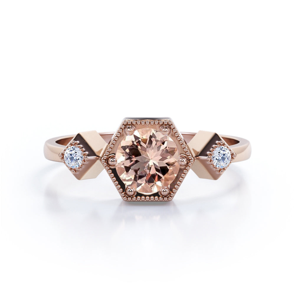 Classic Trinity 1.1 carat Round cut Peach pink Morganite and diamond petite milgrain engagement ring in White gold