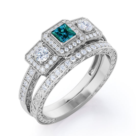 Eccentric 1.75 carat Princess cut Alexandrite and diamond triple halo engagement ring with filigree diamond wedding band- Bridal set in White gold