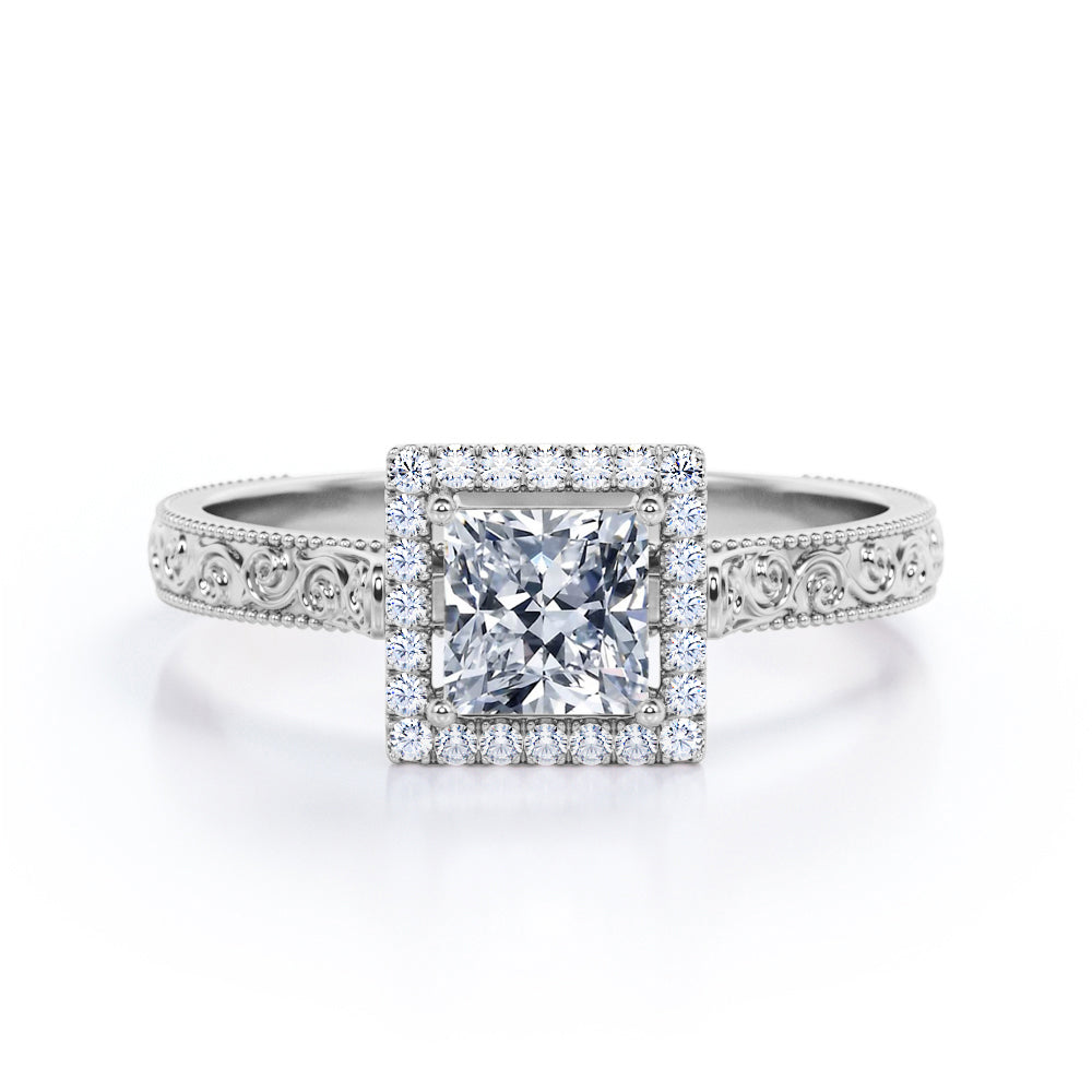 1.15 carat Princess cut Moissanite and diamond vintage filigree engagement ring in Black gold