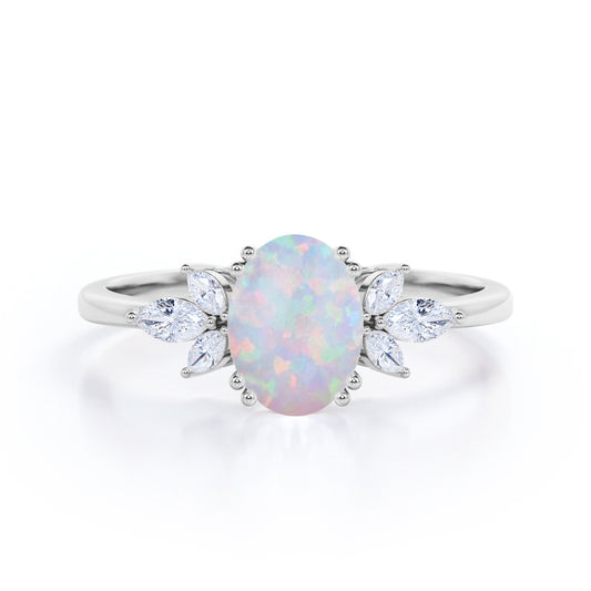 Antique leaf inspired 1.3 carat Oval cut Opal and marquise diamonds double prong engagement ring in White gold