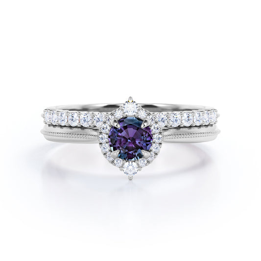 Petite Halo 0.75 carat Round cut Lab created Alexandrite and diamond Milgrain Edge and Pave set wedding ring set for women in White gold