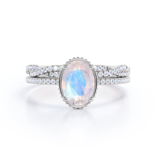 Milgrain Edge 1.5 carat Oval shape Moonstone and diamond Bridal wedding ring set in gold
