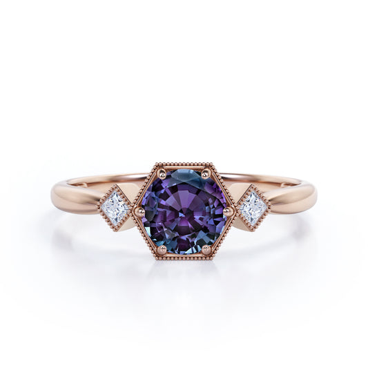 Past, Present and Future 0.6 carat Round cut Alexandrite milgrain setting-tapered shank engagement ring in Rose gold