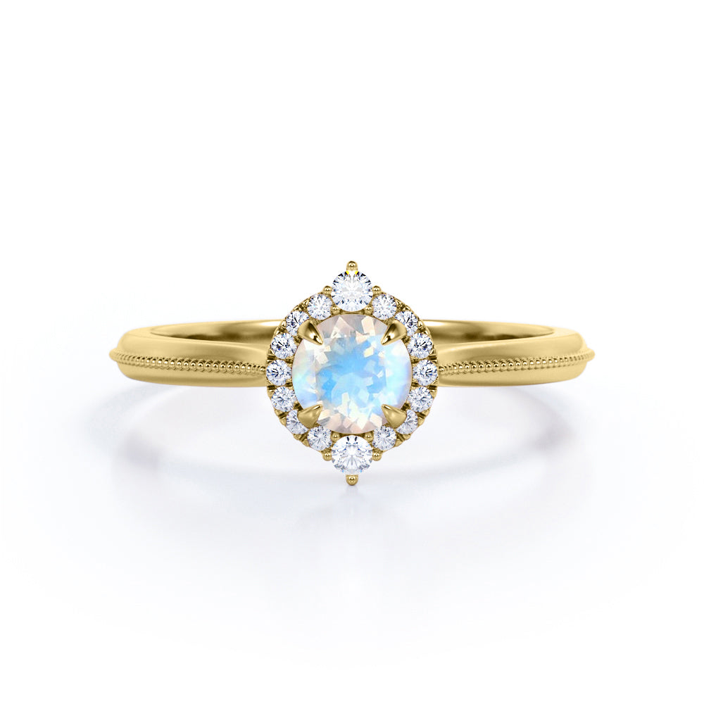Authentic Milgrain Round cut 1.15 carat Moonstone and Diamond Halo Bridal set in White gold