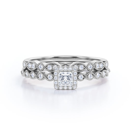 Antique art deco 0.75 carat Princess cut diamond Milgrain Edge wedding ring set for women in gold
