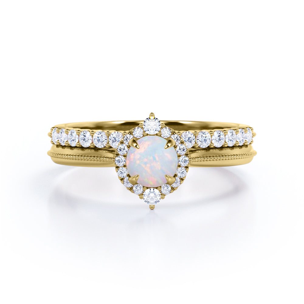 Unique Halo 0.8 carat Round cut Ethiopian Opal and diamond Milgrain Bridal set for women in gold