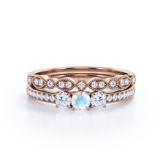 Stylish Channel set 1.55 carat Round cut Moonstone and diamond three stone wedding ring set for her in Rose gold