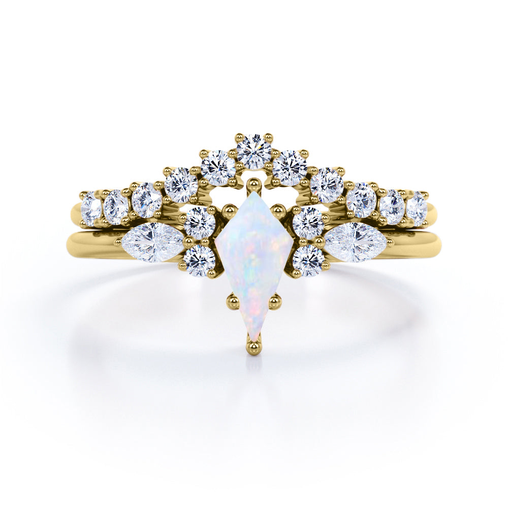 Contoured Bar set 1.2 carat Kite shaped Opal and diamond art deco inspired wedding ring set in White gold