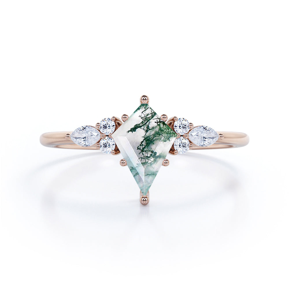 Vintage Seven stone 1.1 carat Kite shaped Moss green Agate and diamond prong style engagement ring in White gold