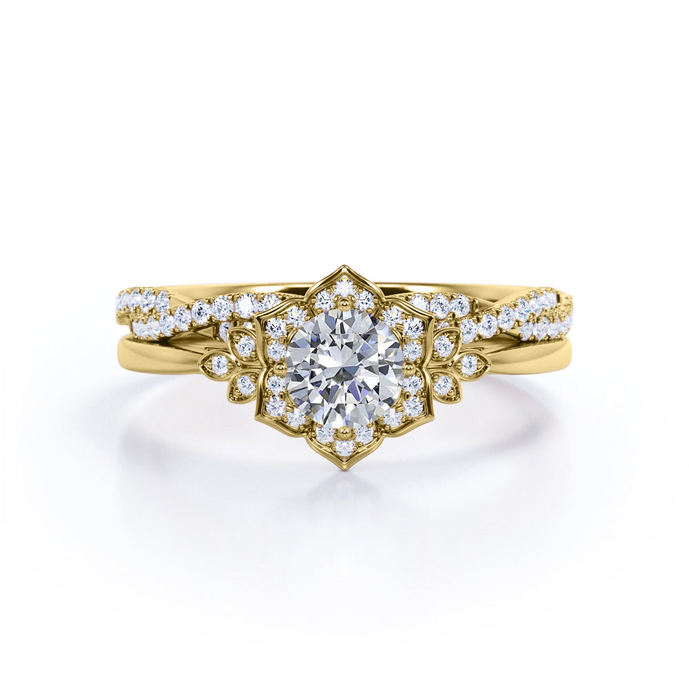 Flower vintage 1.43 carat Round cut Diamond half twisted infinity wedding ring set for women in Gold