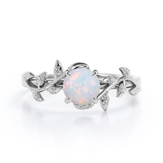 Classic nature inspired 1 carat Round cut Australian Opal vine and leaf engagement ring in White gold