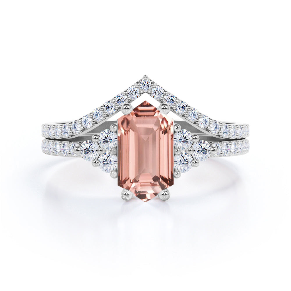 Eccentric Chevron 1.7 carat Hexagon shaped Peach Morganite and diamond wedding ring set in Rose gold