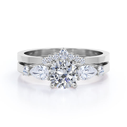 Vintage Tiara inspired 1.2 carat Round cut Moissanite and diamond wedding ring set in white gold