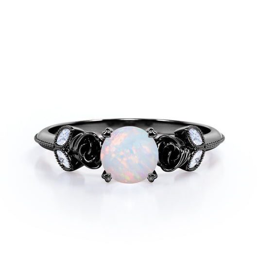 Flower inspired 1 carat Round cut Opal and marquise diamond Milgrain Edge Engagement ring in Black gold