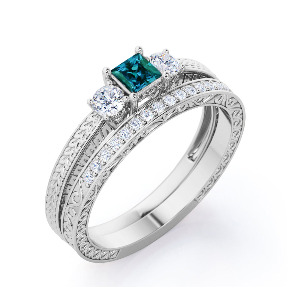 Three stone 1.25 carat Princess cut artificial Alexandrite and diamond Engraved Milgrain Wedding ring set for her
