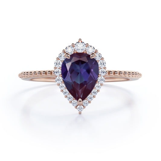 Crown Milgrain 1.25 carat Pear shaped Synthetic Alexandrite and diamond halo style engagement ring in Rose gold