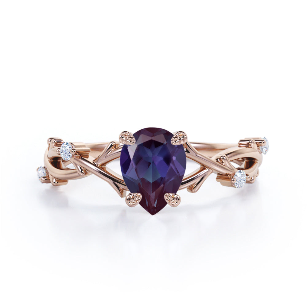 Modern Floral Branches 1 carat Pear shaped Alexandrite and diamond engagement ring for women in Black gold