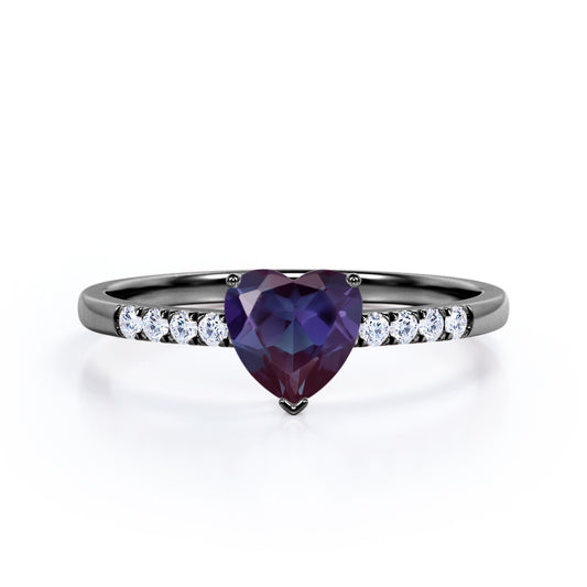 Romantic Pave 1.2 carat Heart shaped Alexandrite and diamond art deco inspired engagement ring in Black gold