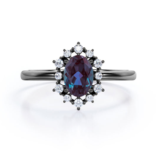Snowflake Cluster 1.25 carat Oval shaped Alexandrite and diamond floral halo engagement ring in Black gold