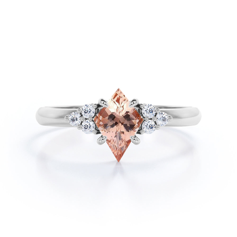Affordable 1.2 carat Kite shaped Peach Morganite and diamond claw prong engagement ring in Rose gold