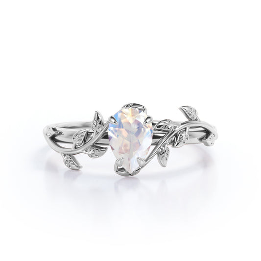Vine leaf inspired 1 carat Pear cut Moonstone Almond shape Engagement ring for her - Anniversary ring