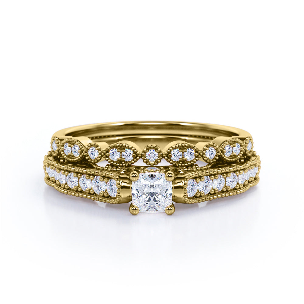 Vintage channel set 1.25 carat Round cut Moissanite and diamond art deco milgrain wedding ring set in white gold