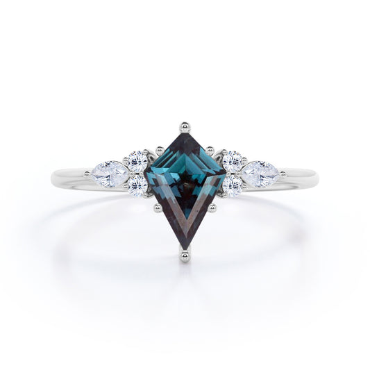 Modern Seven stone 1.1 carat Kite shaped Lab created Alexandrite and diamond six prong style engagement ring for her in White gold