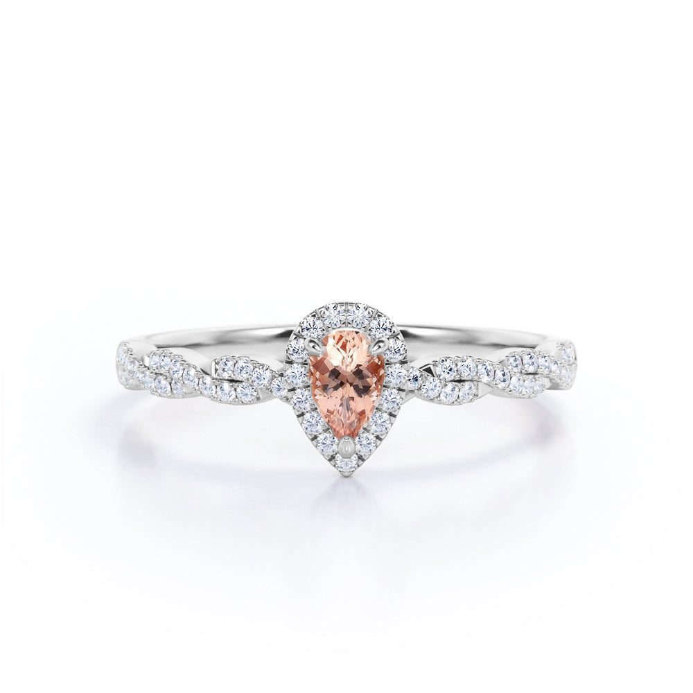 Twisted halo 1 carat Pear cut Morganite and diamond infinity engagement ring in Rose gold