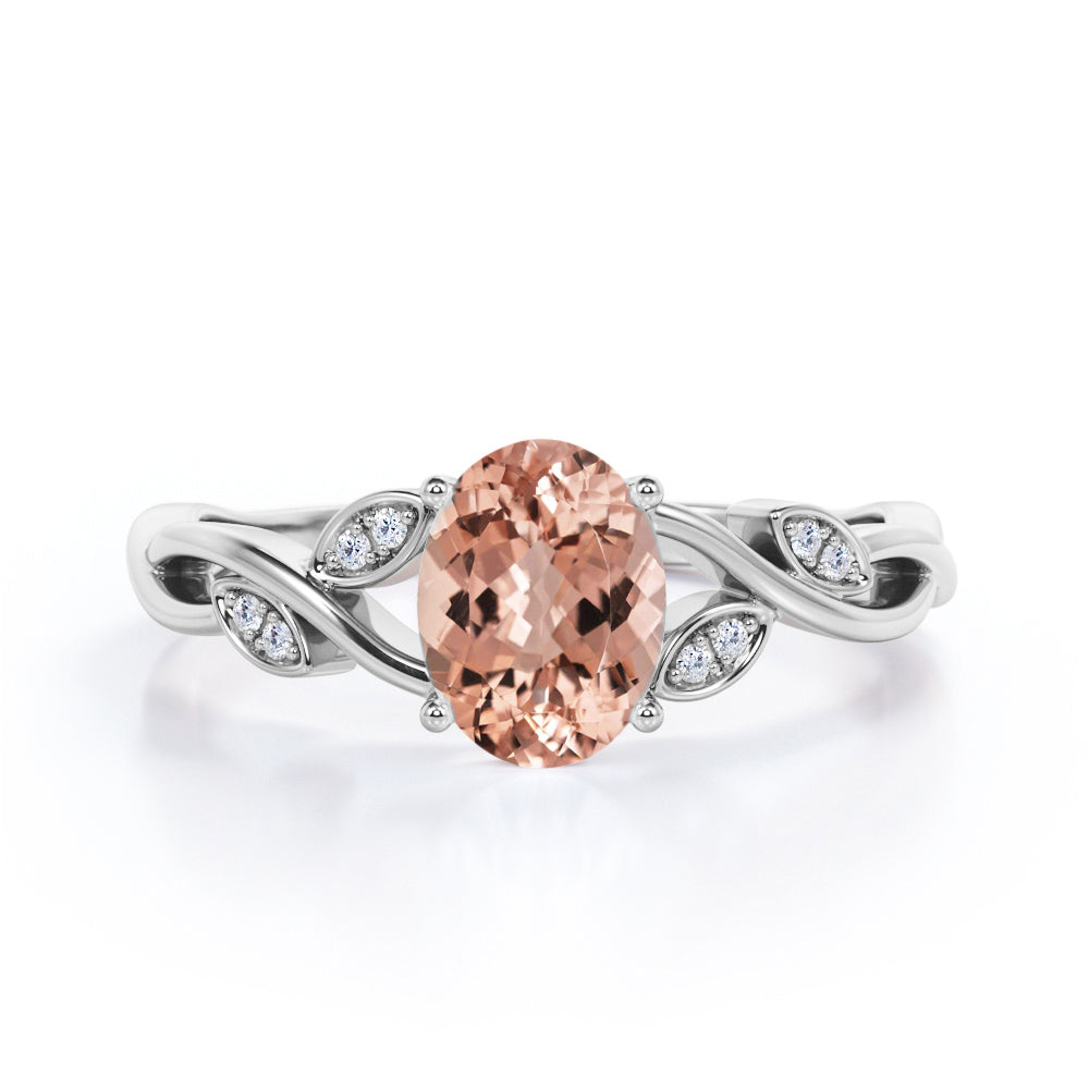Twisted Vine 1.15 carat Oval shaped Morganite and diamond mid century modern engagement ring in Rose gold