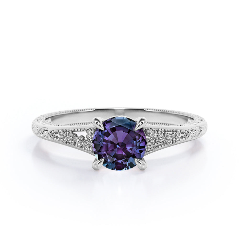 Floral Shank 1 carat Round cut Lab created Alexandrite solitaire engagement ring in Rose gold