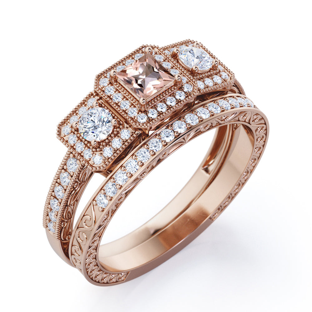 Unique Triple Halo 1.7 carat Princess cut Morganite and round diamond - Filigree and Milgrain - art deco wedding ring set in White gold