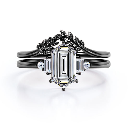 Vintage leaf design 1.1 carat Hexagon shaped Moissanite and diamond wedding ring set for women in Black gold