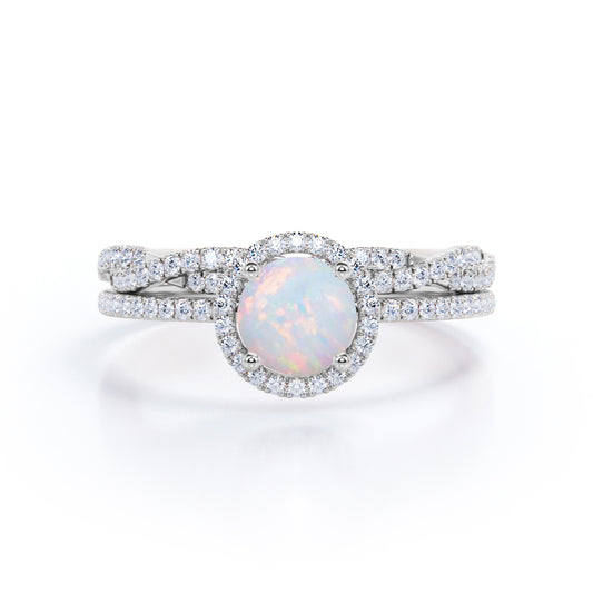 Classic Halo 1.7 carat Round cut Ethiopian Opal with half-infinity diamond Wedding Bridal ring set in White gold