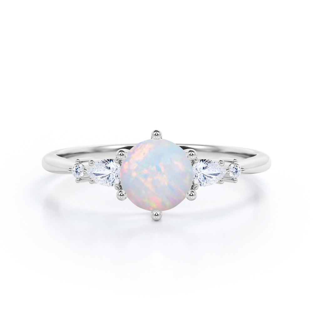 Vintage prong style 1.25 carat Round cut Fiery Opal and diamond pinched shank engagement ring in White gold-Promise ring