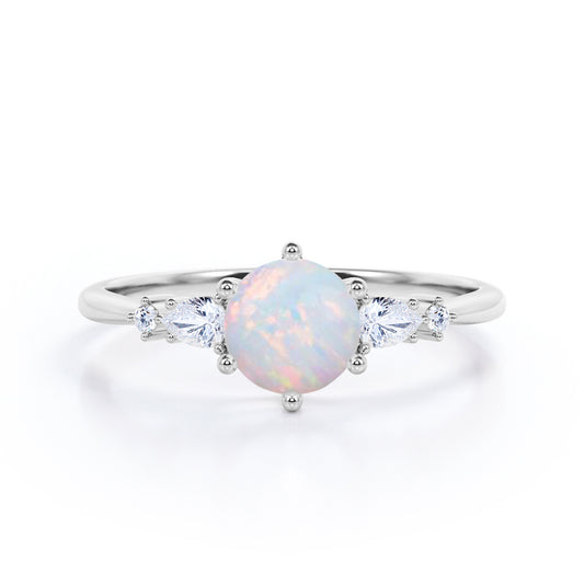 Vintage prong style 1.25 carat Round cut Fiery Opal and diamond pinched shank engagement ring in White gold-Promise ring
